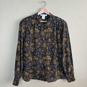Jones New York top women 14 100% silk long sleeve button down floral gold & blue